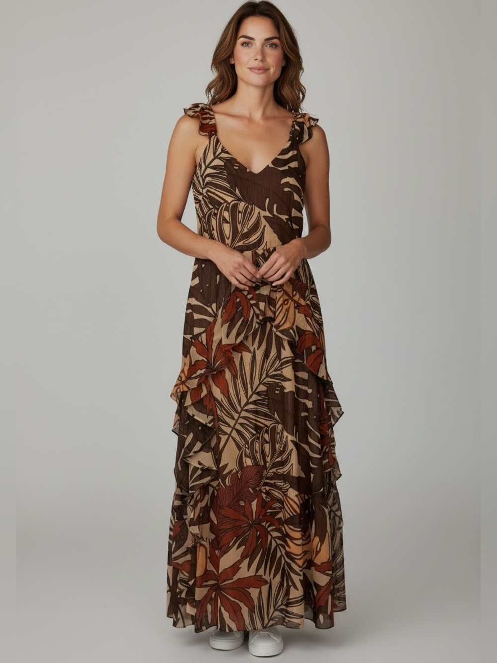Siena Tiered Floral Print Maxi Dress in Brown and Tan